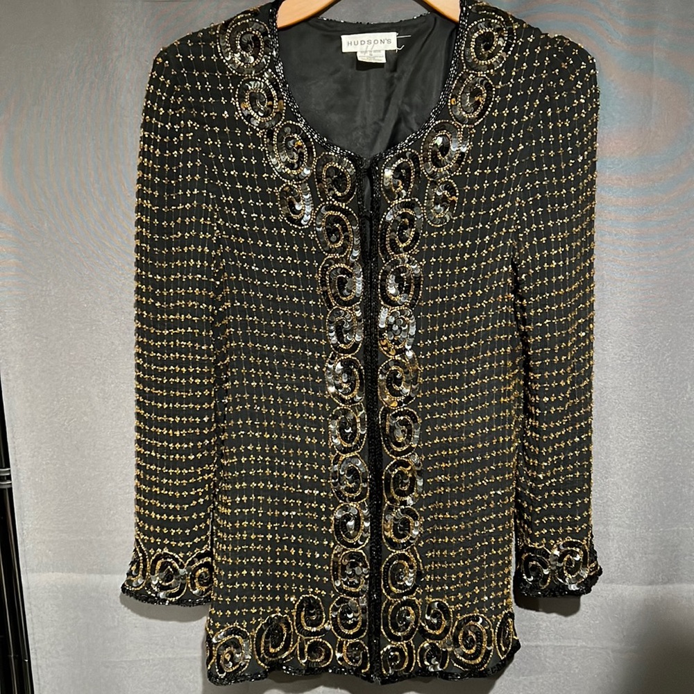 Hudson’s vintage gold and black sequin blazer with hook closure